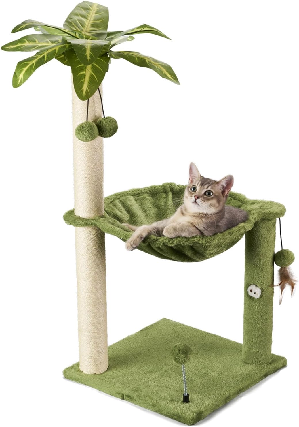 MECOOL Cat Tree for Indoor Cats 35" Tall Cat Scratching Post with Large Cat Hammcok and Hanging Ball Toys Plant Green