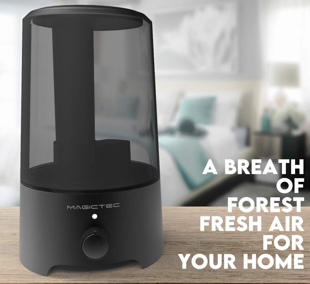 Magictec Cool Mist Humidifier, 2.5L Essential Diffuser for Bedroom and Baby, Adjustable Mist Output, Auto Shut Off, Super Quiet 360 Nozzle - Lasts Up to 24 Hours, Black