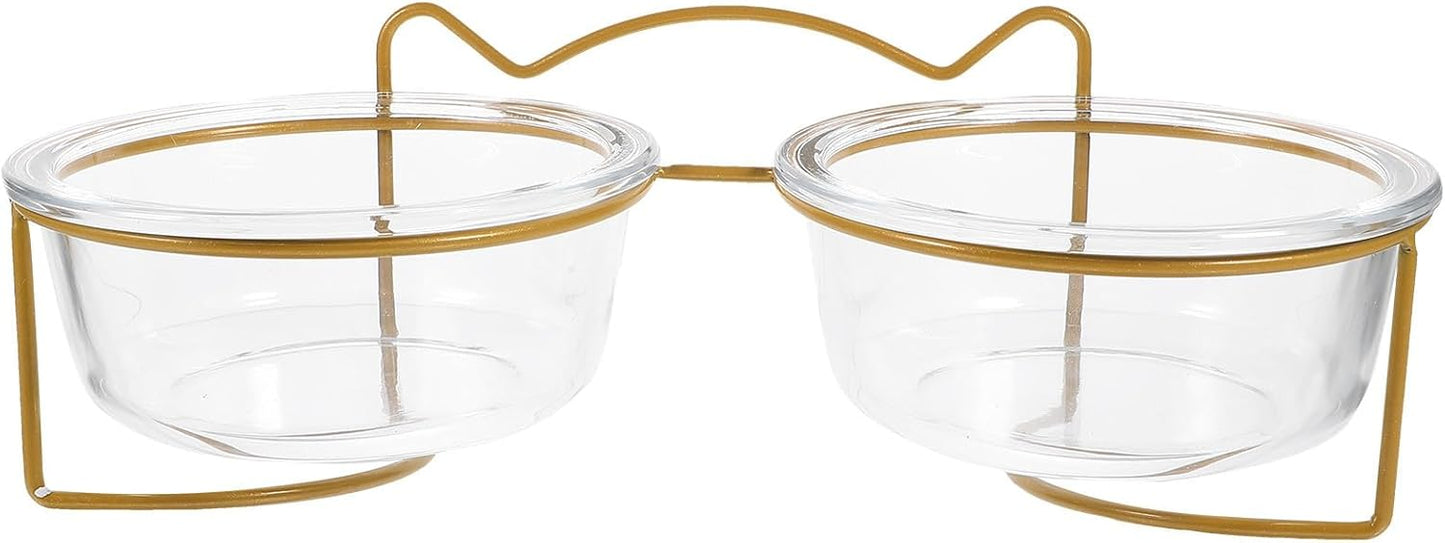 PRETYZOOM Double Raised Pet Feeding Bowls with High Tilt Glass Design and Elevated Stand, Non-Skid Cat and Dog Food Bowls for Healthy Eating, Suitable for Cats and Small Dogs