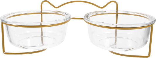 PRETYZOOM Double Raised Pet Feeding Bowls with High Tilt Glass Design and Elevated Stand, Non-Skid Cat and Dog Food Bowls for Healthy Eating, Suitable for Cats and Small Dogs