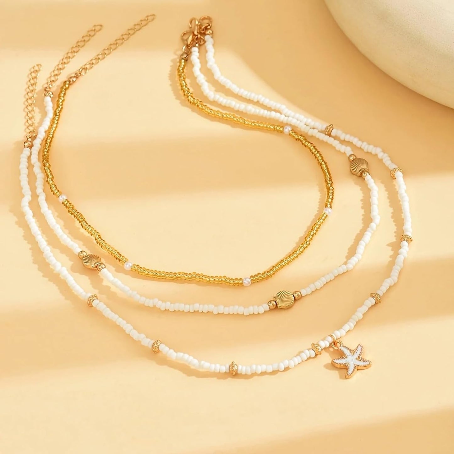 Shell Starfish Necklace for Women, 14k Gold Plated Boho Layered Beaded Charm Pendant Necklace, Dainty Adjustable Pearl Conch Summer Beach Vacation Jewelry Gifts
