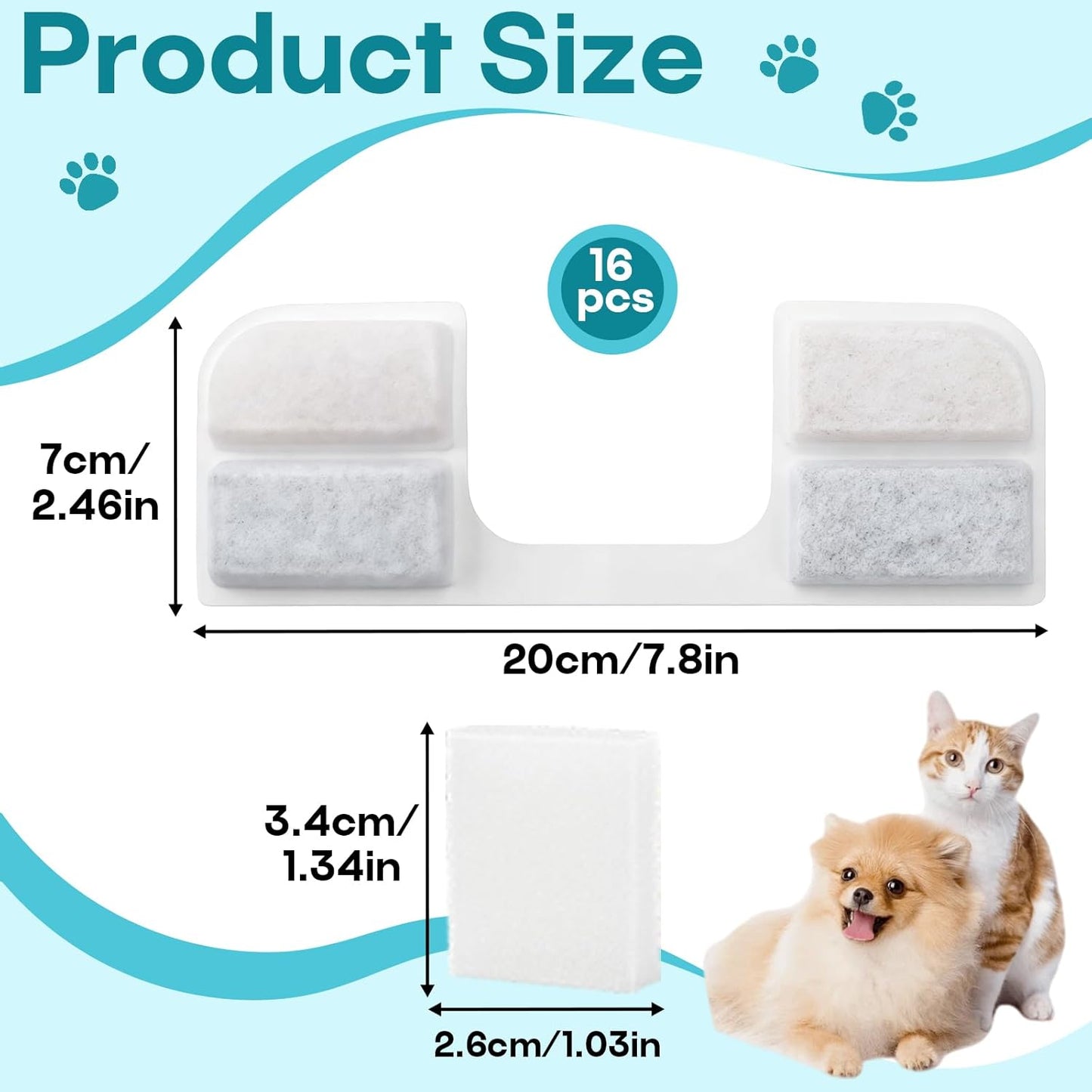 32 Pack Cat Water Fountain Replacement Filters, Compatible with FEELNEEDY Cat Water Fountain (FN-W17), 108oz/3.2L Pet Water Fountain, Including16 Pack Filters+16 Pack Pump Sponges