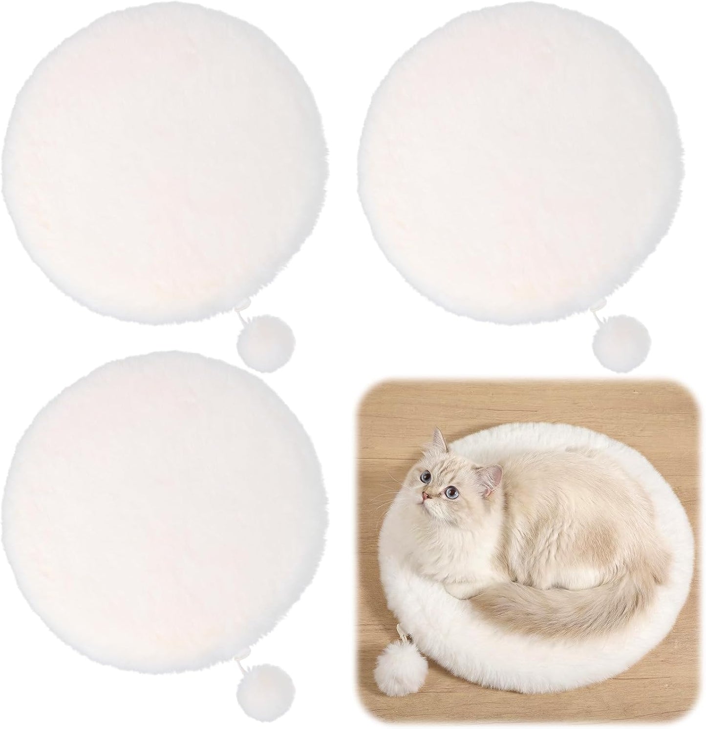 3-Pack 14" Round Cat Bed Cushion Pad Mat, Cream Faux Rabbit Fur & High-Density Foam Pet Sleeping Mat, Plush Dog Bed Mats with Wool Balls, Washable Replacement Pad for Cat Tree, Carrier, Crate, Kennel