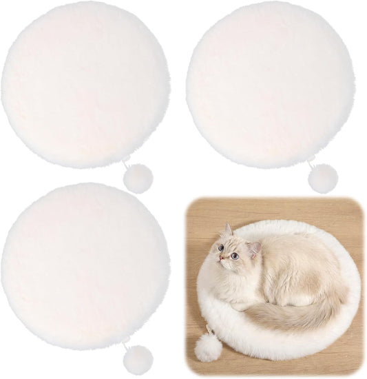 3-Pack 14" Round Cat Bed Cushion Pad Mat, Cream Faux Rabbit Fur & High-Density Foam Pet Sleeping Mat, Plush Dog Bed Mats with Wool Balls, Washable Replacement Pad for Cat Tree, Carrier, Crate, Kennel