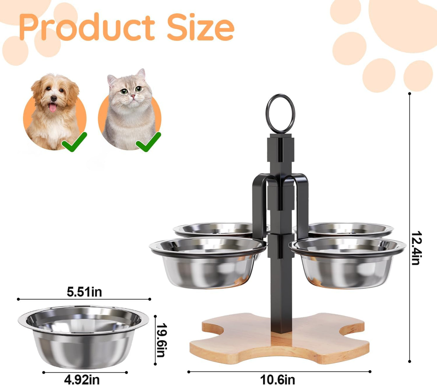 Adjustable Elevated Cat Bowls with Stand, 3 Height Raised Food & Water Bowl Set for Indoor Cats, 4 Stainless Steel Tilted Pet Dishes for Small Dogs, Non-Slip Feeding Station with Anti-Spill Design