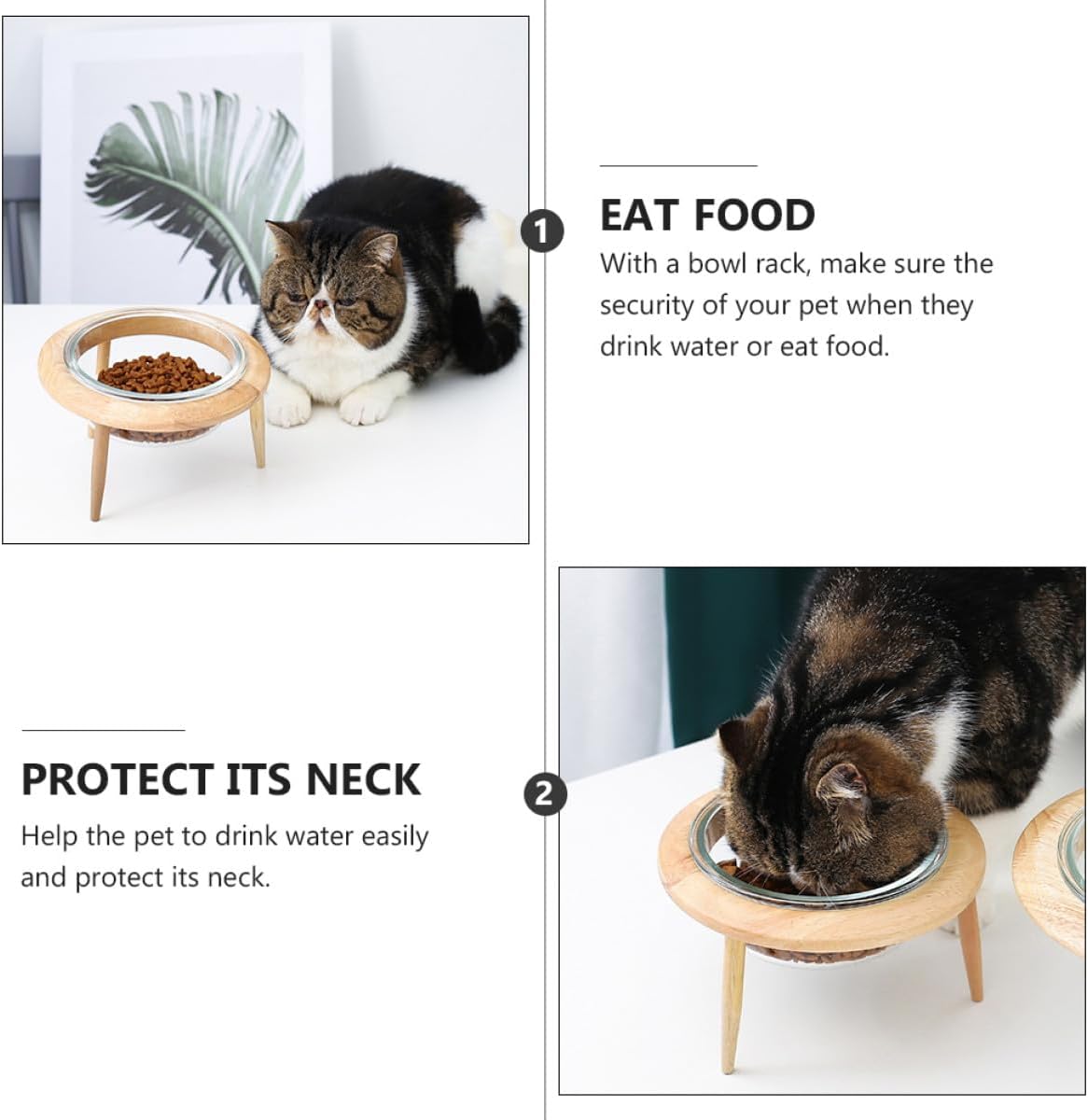 Milisten Glass Raised Pet Bowl with Wooden Stand 17.8cm 800ml Non-Spill Water Feeder and Food Dish for Cats and Dogs Elevated Feeding Supplies