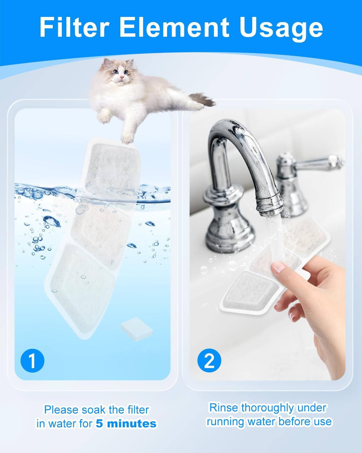8+8 Pack Cat Water Fountain Filter Replacement Compatible with oneisall PW03 & PW04 3.5L/118oz, Cat Fountain Filters Replacement Fit for oneisall, Multilayer Filters System, 8 Filters+8 Sponge