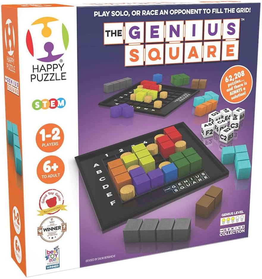 The Genius Square from The Happy Puzzle Company – Game of The Year Award Winner, 60000+ Solutions STEM Puzzle Game. Roll Dice, Race Your Opponent to Fill Grid with Different Shapes!