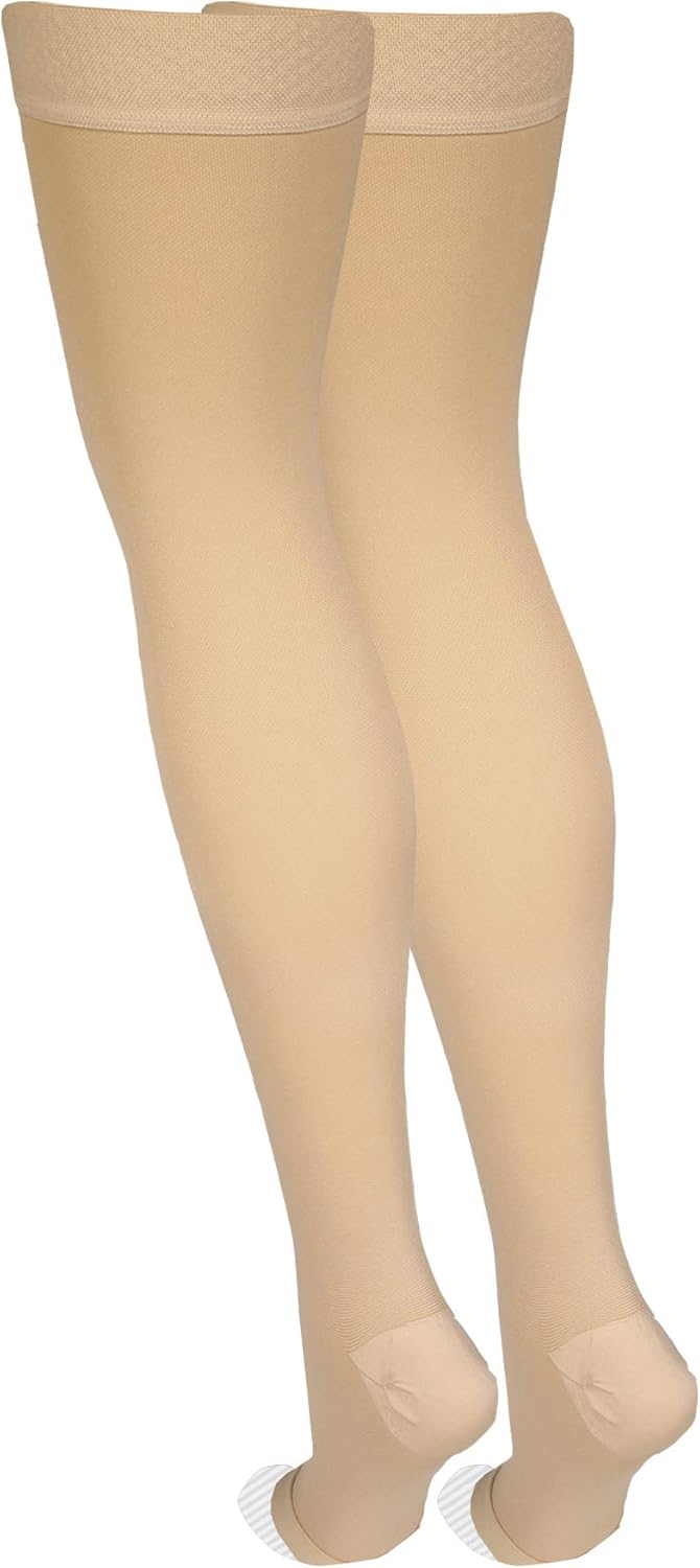 Amazon Basic Care Medical Compression Stockings, 20-30 mmHg Support, Women & Men Thigh Length Hose, Open Toe, Beige, Medium (Previously NuVein)
