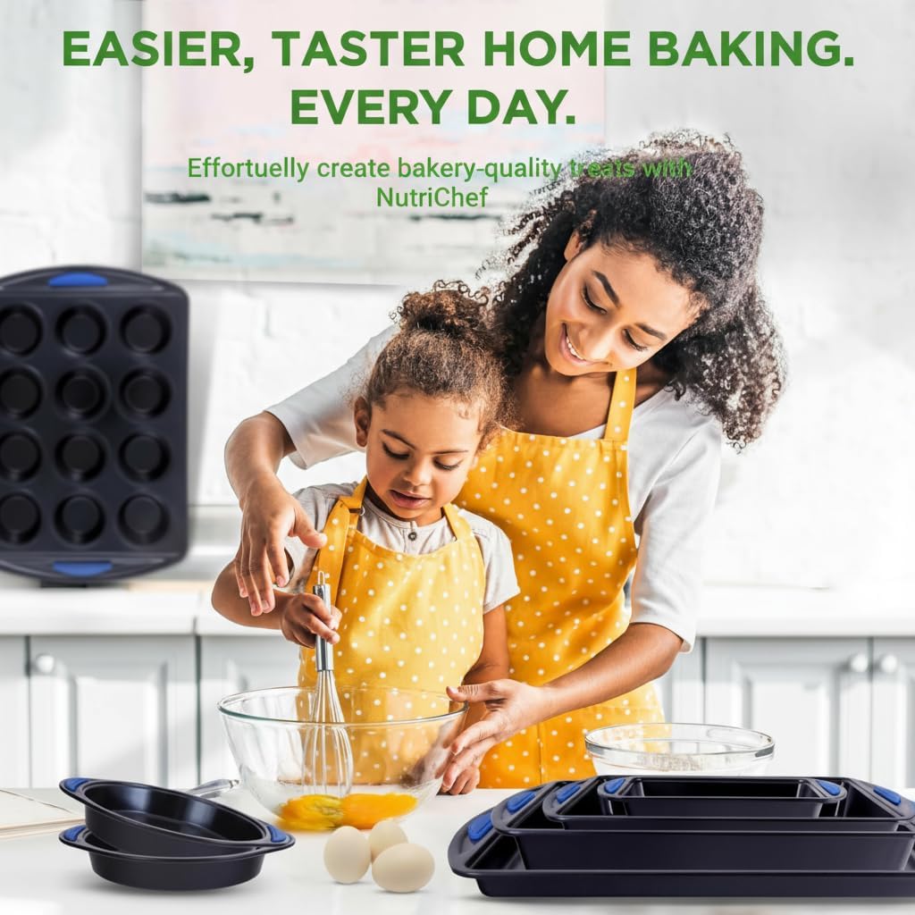 NutriChef 10-Piece Nonstick Bakeware Set - Heavy Duty Carbon Steel Baking Trays w/Silicone Handles - Includes Cookie Sheets, 12-Cup Muffin Pan, Pizza & Loaf Pan, Round & Square Pans - Easy to Clean