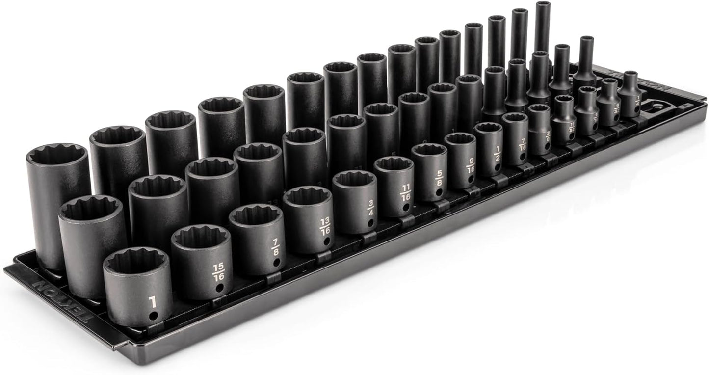 TEKTON 3/8 Inch Drive Shallow, Semi-Deep, and Deep 12-Point Impact Socket Set with Rails and Trays, 45-Piece (1/4-1 in.) | SID91124