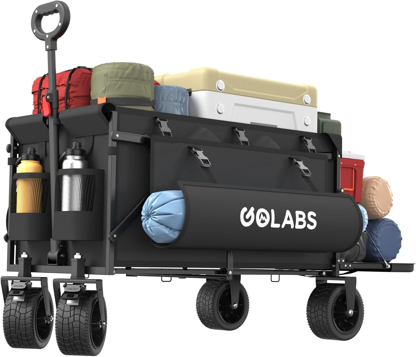 Golabs WA2 Wagon Cart Max 560lbs Load & Expandable Storage Max 280L(2 Side Strap), Heavy Duty Beach Wagon with Brakes, 7×4" Big All-Terrain Wheel, 3S Quick Fold Design for Garden & Camping & Beach
