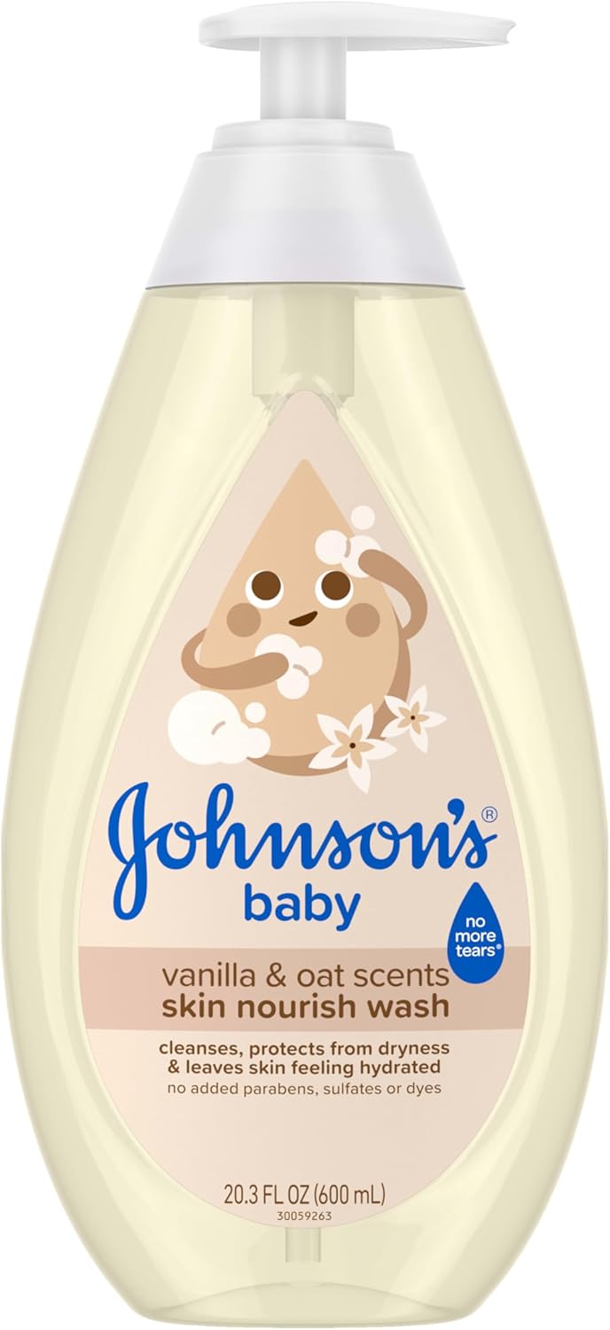 Johnson's Skin Nourishing Moisture Baby Wash, Vanilla & Oat Scents, Tear-Free, Hypoallergenic Baby Body Wash Cleanses, Protects from Dryness, & Leaves Skin Feeling Hydrated, 20.3 fl. oz