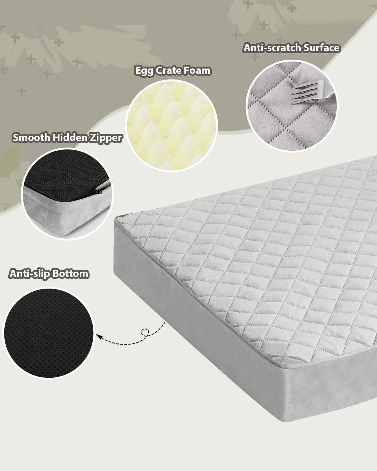Orthopedic XL Dog Beds Large Sized Dog Waterproof Bed with Removable Washable Cover and Non-Slip Bottom, Quilting Pet Mattress for Crate, 41x27 Inch, Light Gray