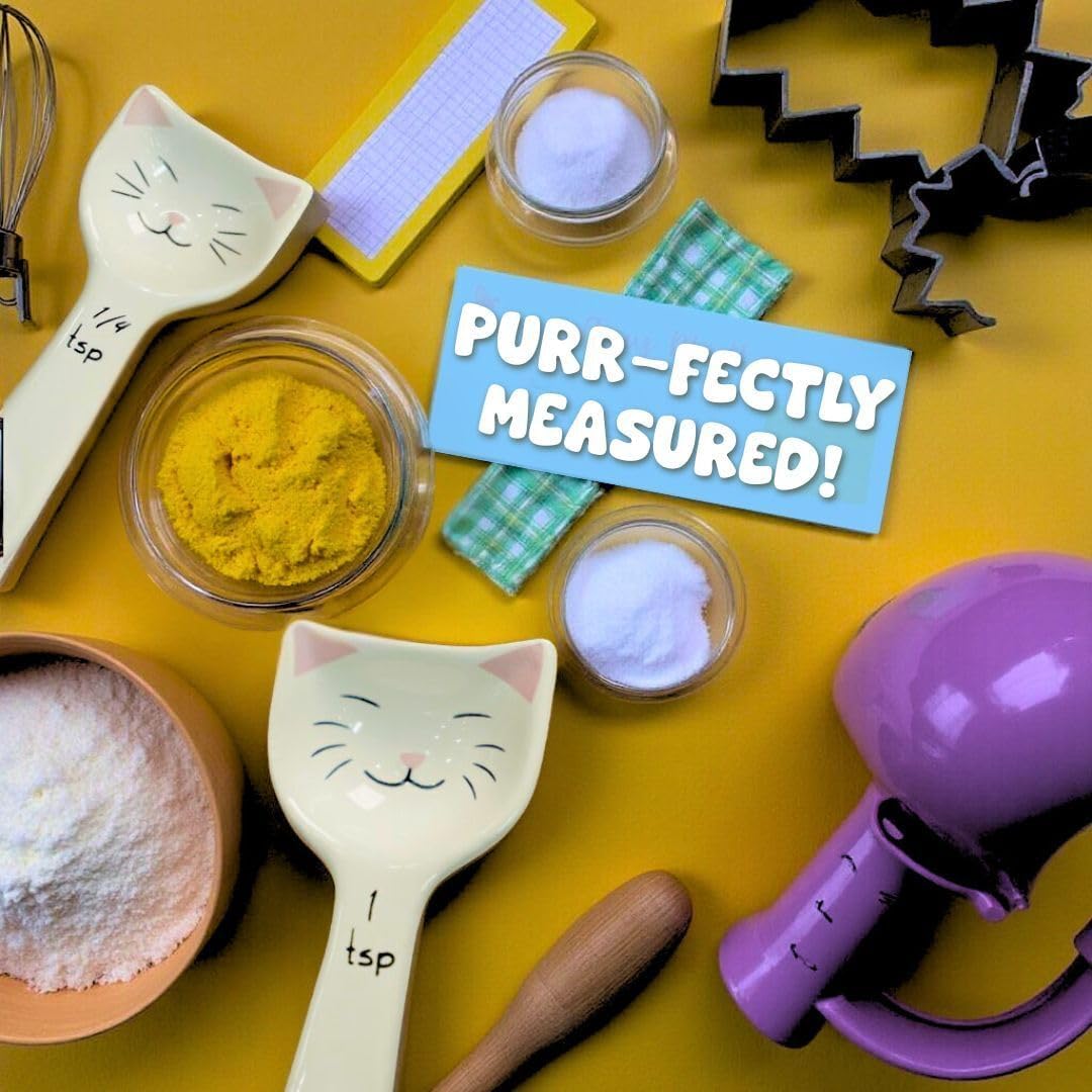 Cute Cat Measuring Spoons Set with Ribbon, Cute Cat Gifts for Women, Cat Themed Kitchen Accessories for Cat Baking Supplies, Ceramic Measuring Spoons for Cat Lover, Baking Gifts for Women (Set of 5)