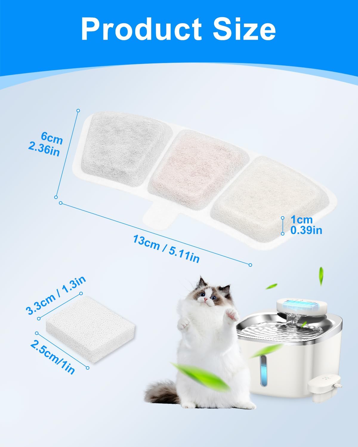 8+8 Pack Cat Water Fountain Filter Replacement Compatible with oneisall PW03 & PW04 3.5L/118oz, Cat Fountain Filters Replacement Fit for oneisall, Multilayer Filters System, 8 Filters+8 Sponge
