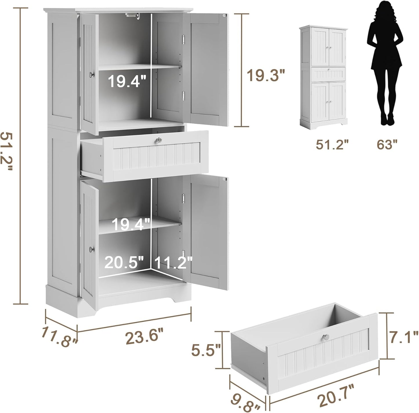 ChooChoo 51" H Tall Bathroom Floor Cabinet, Modern Bathroom Storage Cabinet with Drawer and Adjustable Shelves, Freestanding Kitchen Pantry Cupboard with 4 Doors for Living Room, White