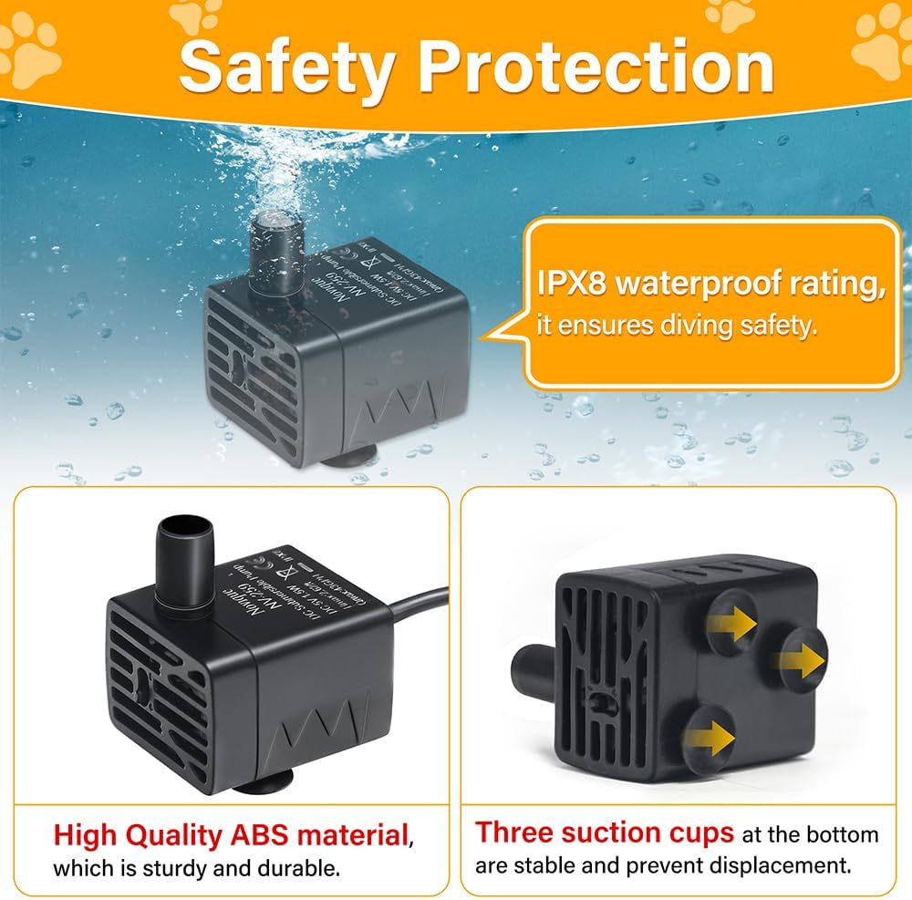 Ultra-Quiet Replacement Pump for Cat Water Fountains Submersible Pet Drinking Fountain Dog Water Dispenser Pump 5V IPX8 Waterproof （USB Cable）
