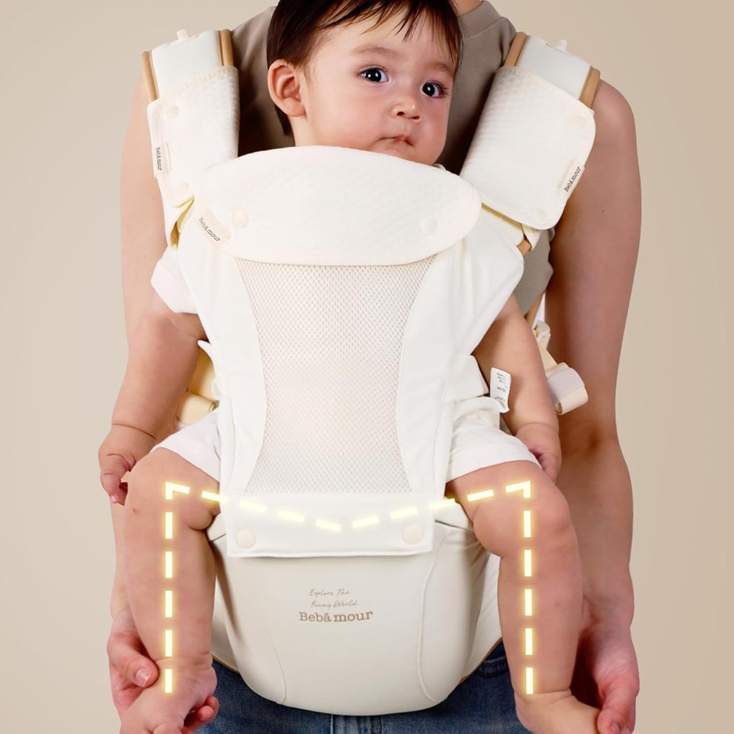 Bebamour Baby Carrier with Hip Seat,All-Position Breathable Mesh Hip Seat & Carrier 0-36Months with Head Hood, 3 PCS Teething Pads, Waist Extender,Storage Bag & Pacifier Case(Khaki)