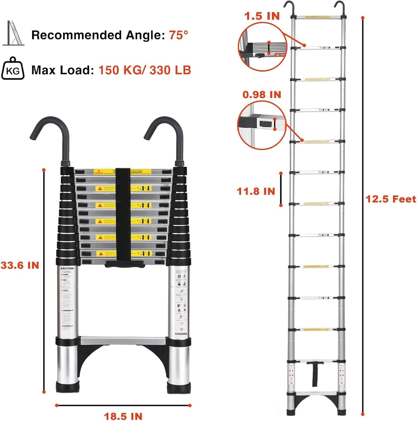 Telescoping Ladder, 12.5 FT Aluminum Lightweight Extension Ladder with 2 Stable Hooks, 2 Triangle Stabilizers & Non-Slip Feet, Heavy Duty 330 Lbs Max Capacity, Ideal for Home, RV & Outdoor Work