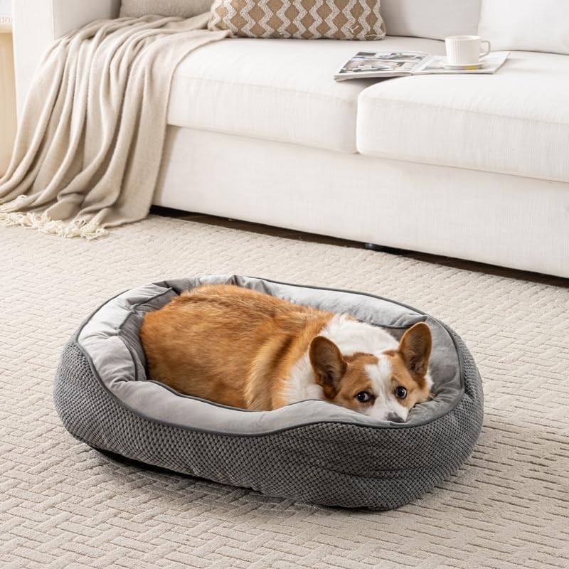 Happy Pets Luxury Orthopedic Pet Bed, Wide Stripe, Brown or Dark Gray Square Nest Bolster Design, Machine Washable Cover, for All Breeds (Dark Gray, 20" x 19" x 6")