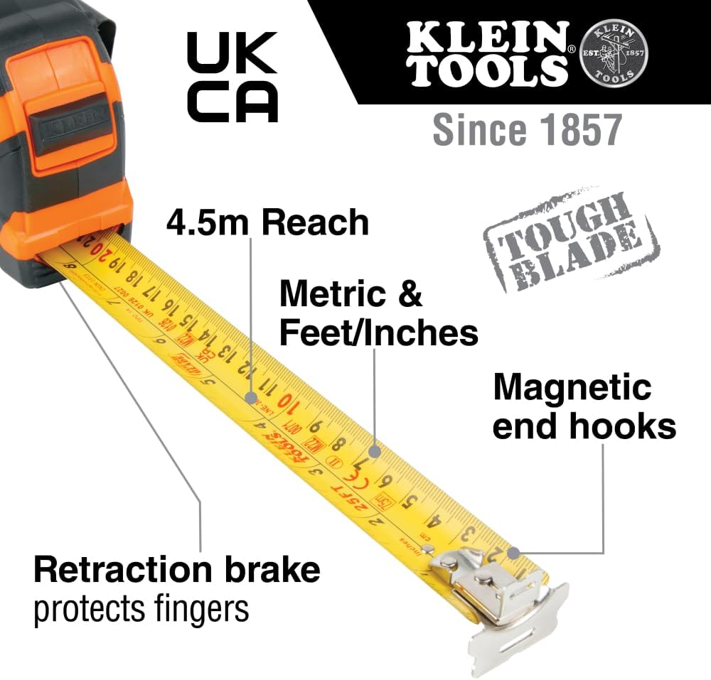 Klein Tools 9375 Tape Measure, Heavy-Duty Measuring Tape with 7.5 m Metric Double-Hook Double-Sided Nylon Reinforced Blade, Metal Belt Clip