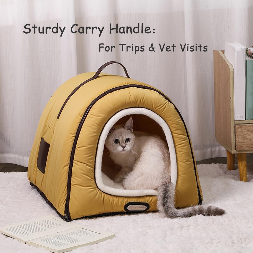 Pet Bed with Removable Cover Dog House Square Design Suitable for Dogs up to 16 lbs and Cats up to 22 lbs (Khaki, Medium)