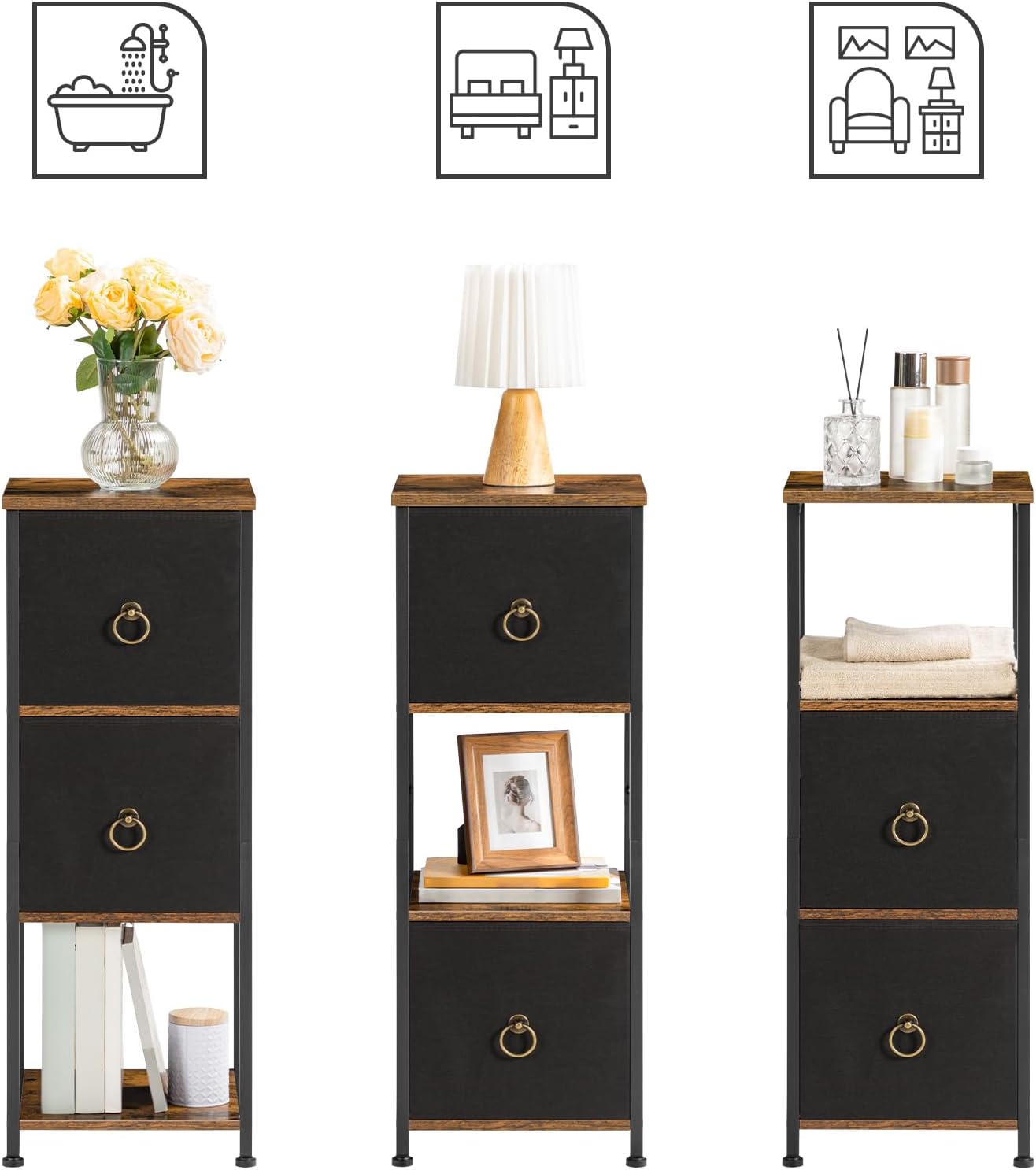 HOOBRO Corner Cabinet, 4-Tier Corner Shelf Stand with 2 Drawers,Bathroom Floor Cabinet, Narrow Storage Cabinet, for Bathroom, Living Room, Rustic Brown and Black BF87CW01
