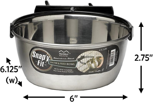 MidWest Homes for Pets Snap'y Fit Stainless Steel Food or Water Bowl, Holds 1 Quart, Mounts to Wire Crates, No-Tip Design, Rust-Resistant, for Dogs and Cats