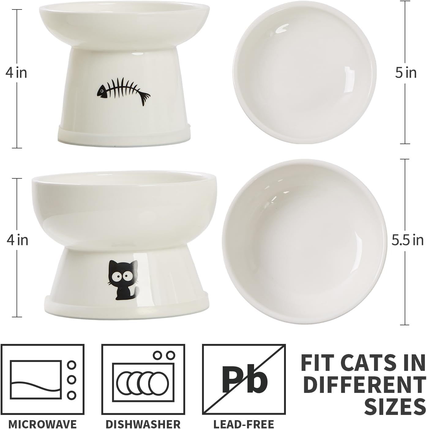 FOREYY Raised Cat Food and Water Bowl Set, Whisker Friendly Elevated Ceramic Cats Feeder Bowls with Anti Slip Ring, Anti-Vomiting Shallow High Porcelain Pet Kitten Dish, Dishwasher Safe(White)