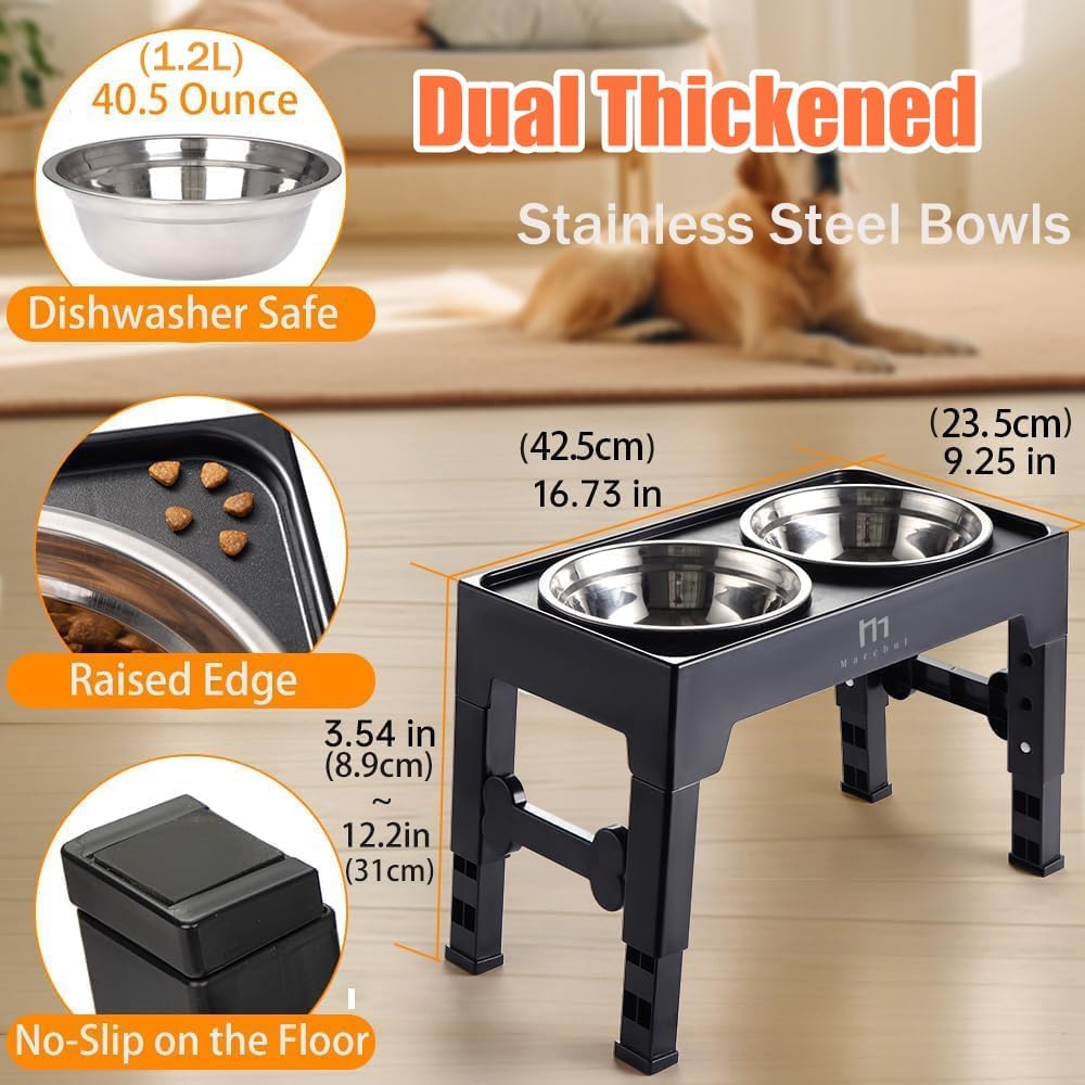 Marchul Elevated Dog Bowls, Raised Dog Food Water Bowls with 2 Thick Stainless Steel Bowls, 4 Height Adjustable, Non-Slip Stand for Medium Large Dogs