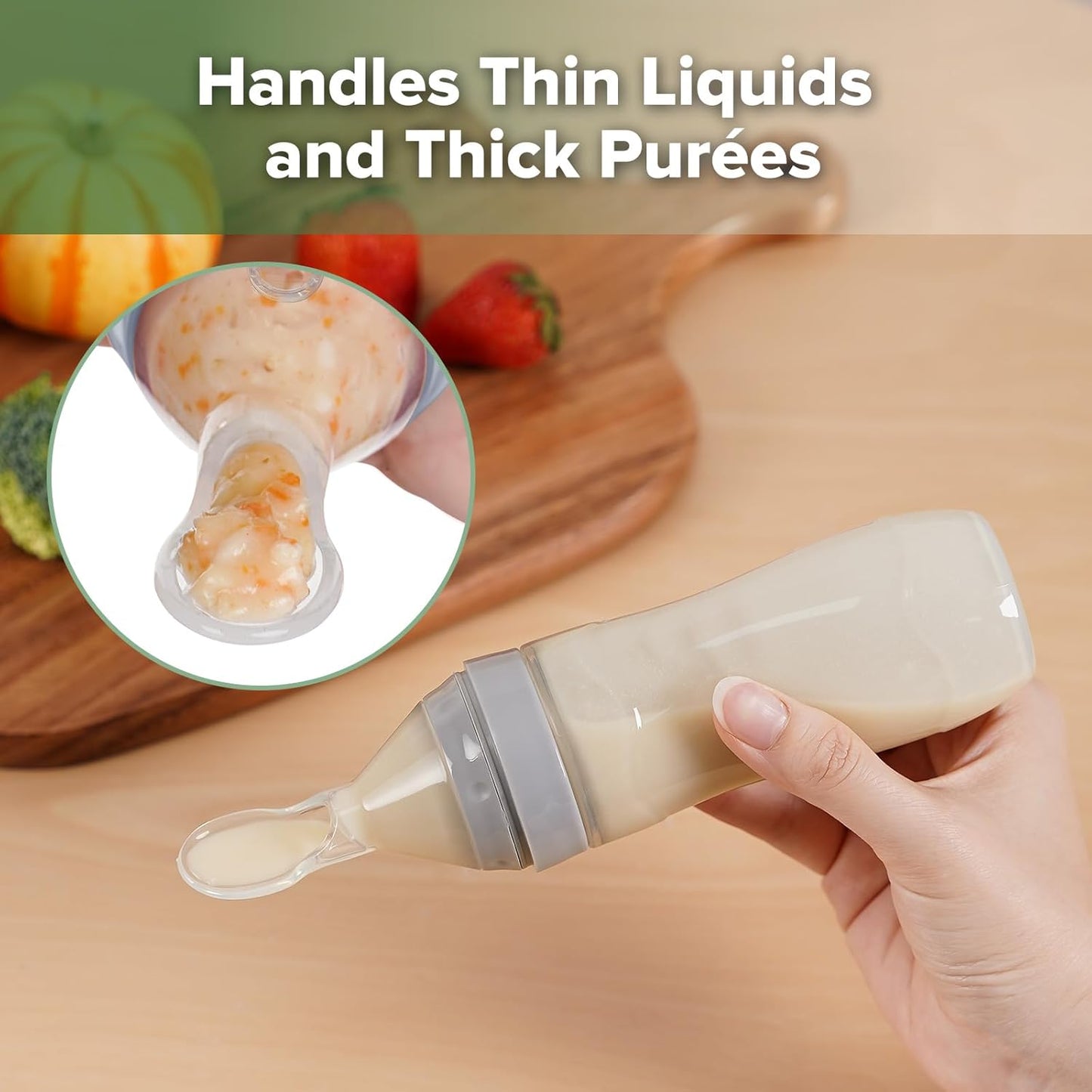 Haakaa Silicone Baby Food Dispensing Spoon Feeder 4oz - Infant Squeeze Cereal Feeder, Baby Fresh Food Feeder, Feed Bottle for Puree, Solid Baby Food, BPA Free, 4m+ Babies – Grey