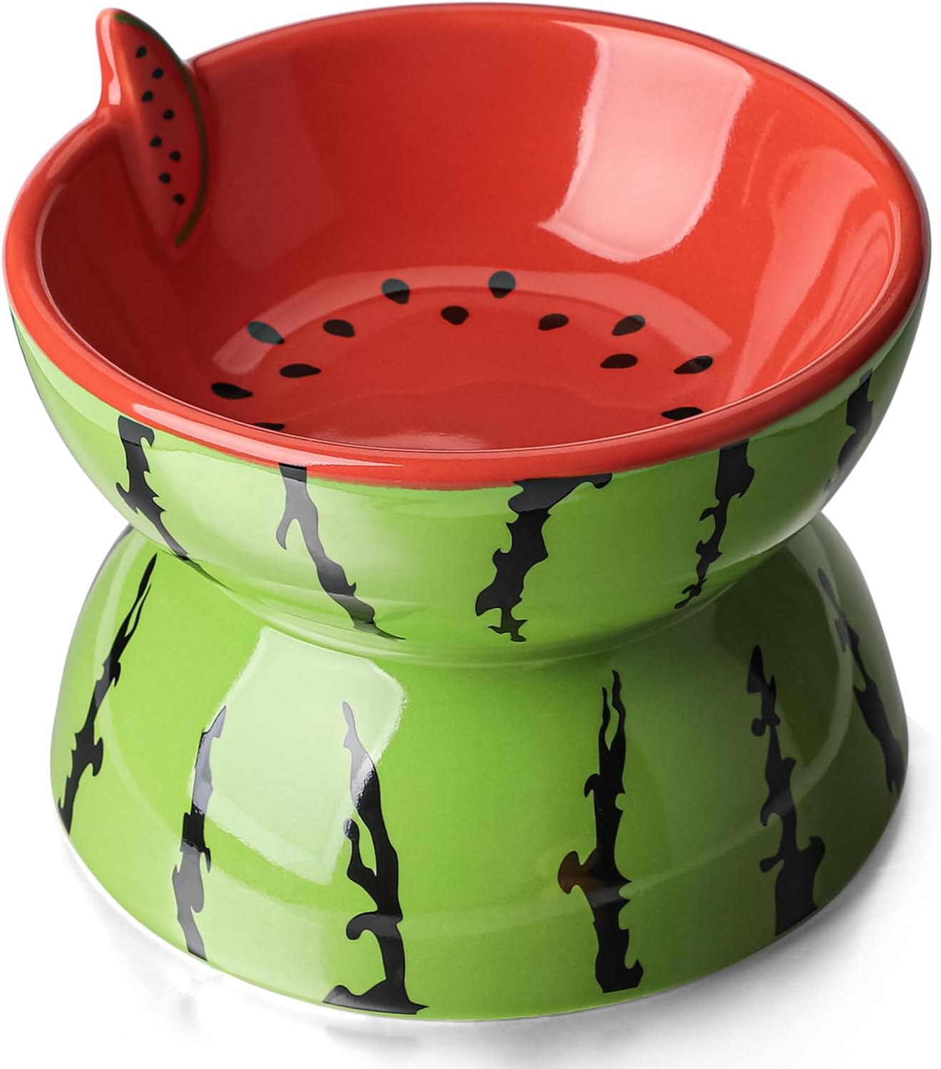 Ceramic Elevated Cat Food Bowl for Indoor Cats Tilted Food Bowls Cute Raised Cat Dish for Flat Faced Cats and Kitten (Watermelon Shaped, Medium)