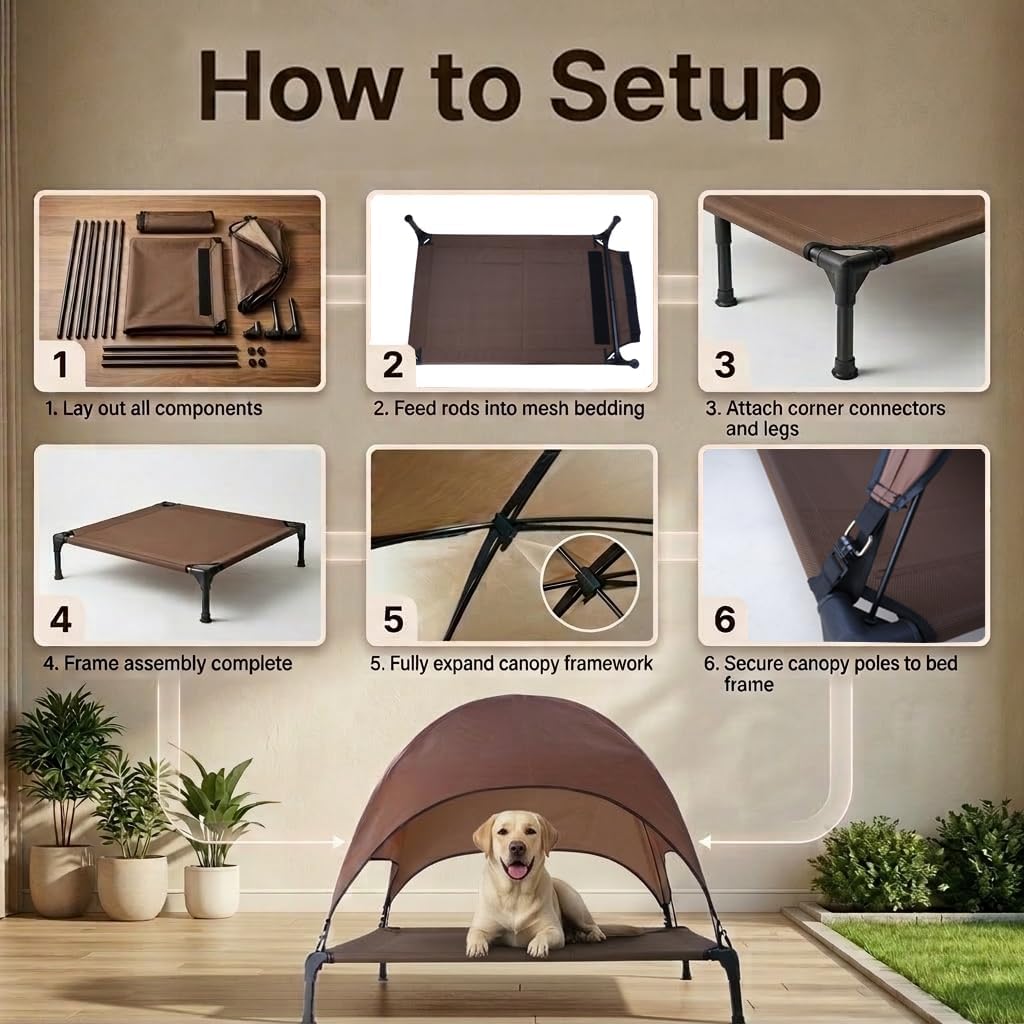 Outdoor Elevated Dog Cot, Portable Pet Bed with Removable Shade Water Resistant, Breathable Cooling Dog Camping Tent for Large Dogs Indoor Outdoor Backyard Camping Beach
