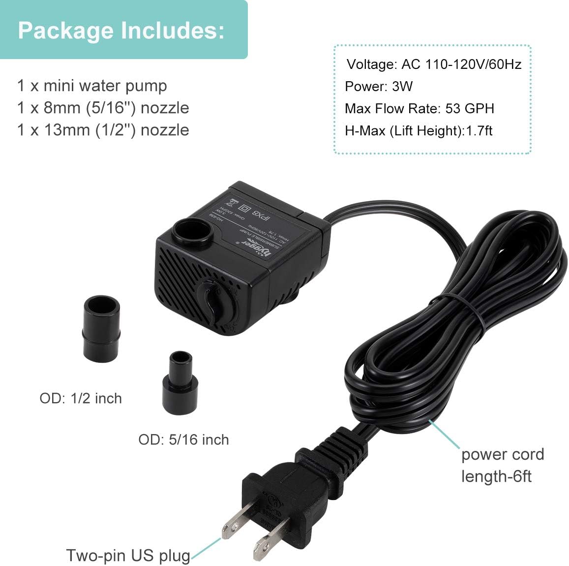 hygger Ultra Quiet 53GPH (200L/H, 3W) Submersible Mini Water Pump Comes with 2 Nozzles, for Aquariums, Fish Tank, Fountain, Hydroponics, Max Lift Height 1.7ft ,120V/60HZ, Power Cord 6ft