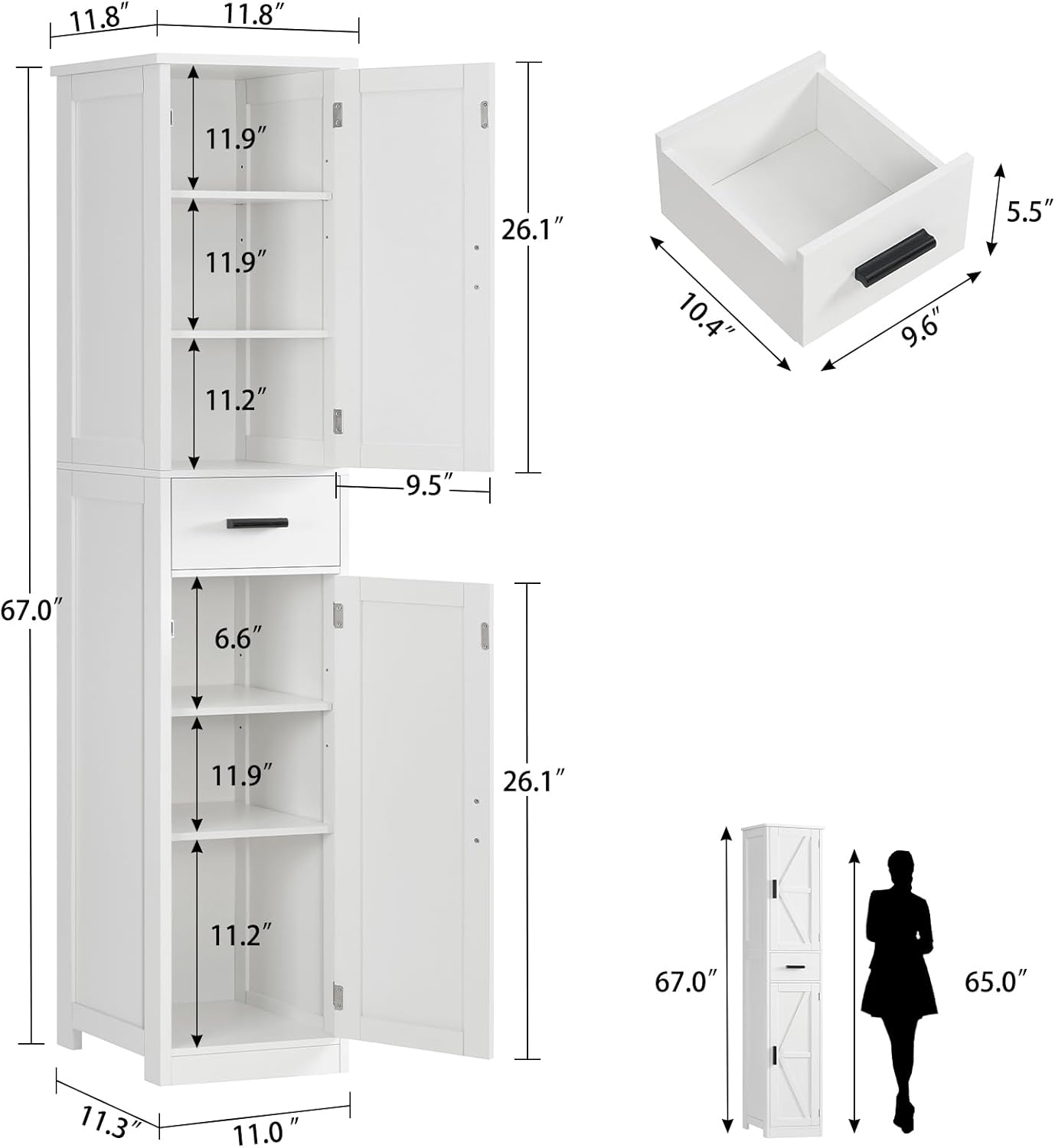WEENFON 67 Tall Bathroom Cabinet with 6 Shelves & 1 Drawer, Narrow Storage Cabinet with Adjustable Shelves, Silm Cabinet for Living Room, Kitchen, White