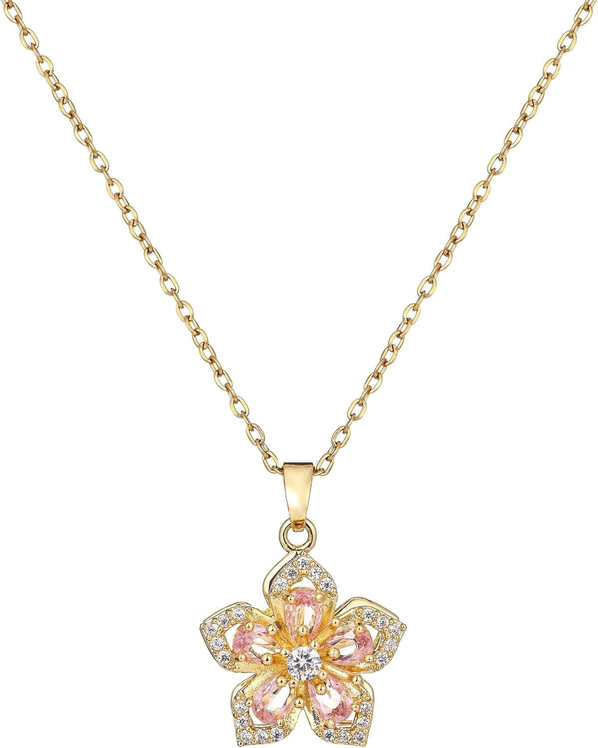 Necklace for Women Gold Flower Fidget Necklace Rotatable Crystal Silver Blossom Pendant Necklaces Adjustable Spinning Fidget Necklaces Redbud Flower Choker Funny Gift Jewelry