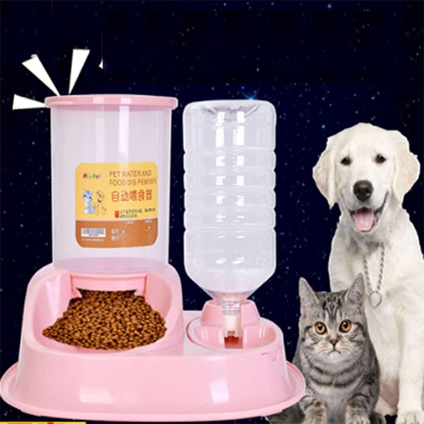 Dispenser Automatic Feeder New 4L Large Capacity Dualuse Automatic Unplugged Gravity Pet Food Feeder and Water Dispensers Dog Food Bowl Cat Drinking for Supplies Pets cat Fountain (Pink)