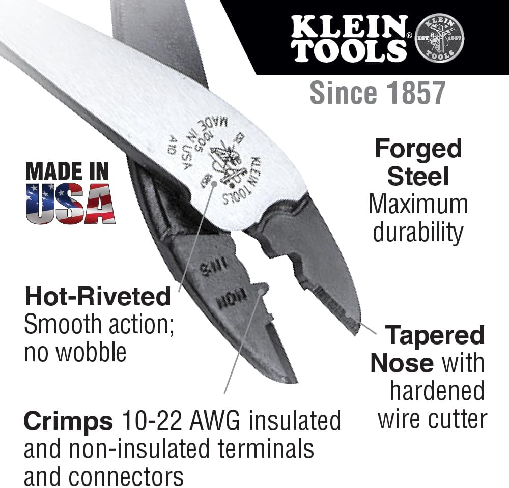 Klein Tools 1005 Cutting/Crimping Tool, Made in USA, Cutter/Crimper for 10-22 AWG Terminals and Connectors, Crimper for Insulated and Non-Insulated Terminals
