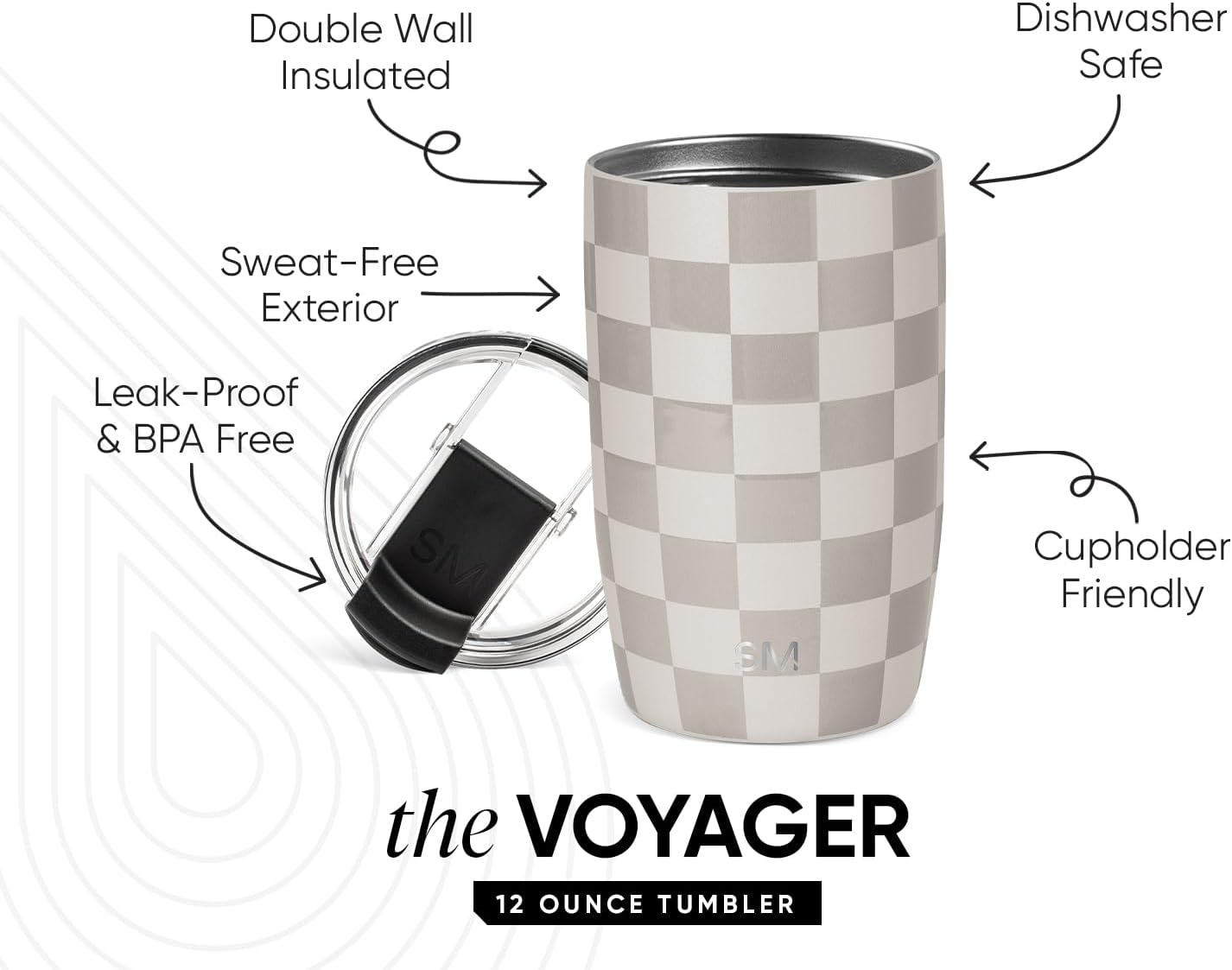 Simple Modern Voyager Tumbler with Flip Lid | Travel Coffee Mug | Insulated Stainless Steel Cold Brew Iced or Hot Coffee Cup | Gifts for Women Men Her Him | 12oz, Checkmate