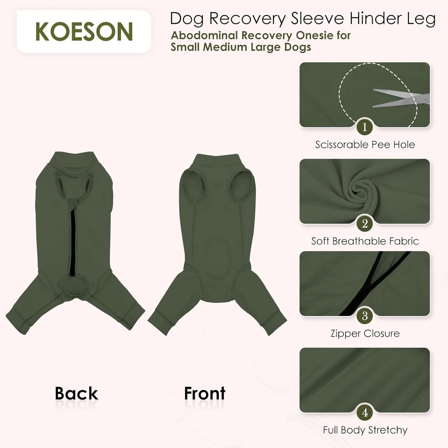 KOESON Breathable Dog Surgery Recovery Suit with Zipper to Stop Licking, Soft Dog Surgical Recovery Sleeve for Hind Legs, Strechy & Lightweight Neuter/Spay Onesie for Male Female Dogs, Army Green XXL