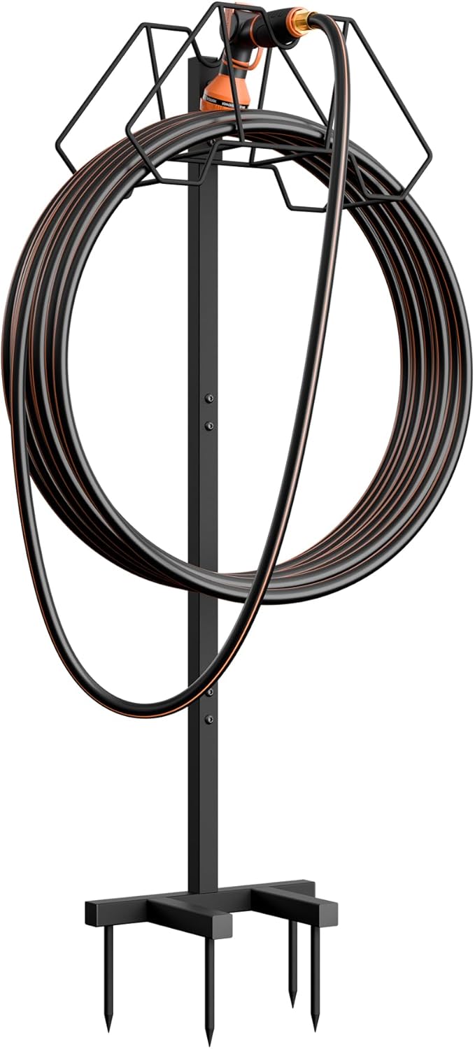 Giraffe Tools Garden Hose Holder- Heavy-Duty Freestanding Metal Stand, Holds 100FT Hose with 4 Spikes,Sturdy Hose Storage Stand for Outside Yard,Lawn,Garden,Black