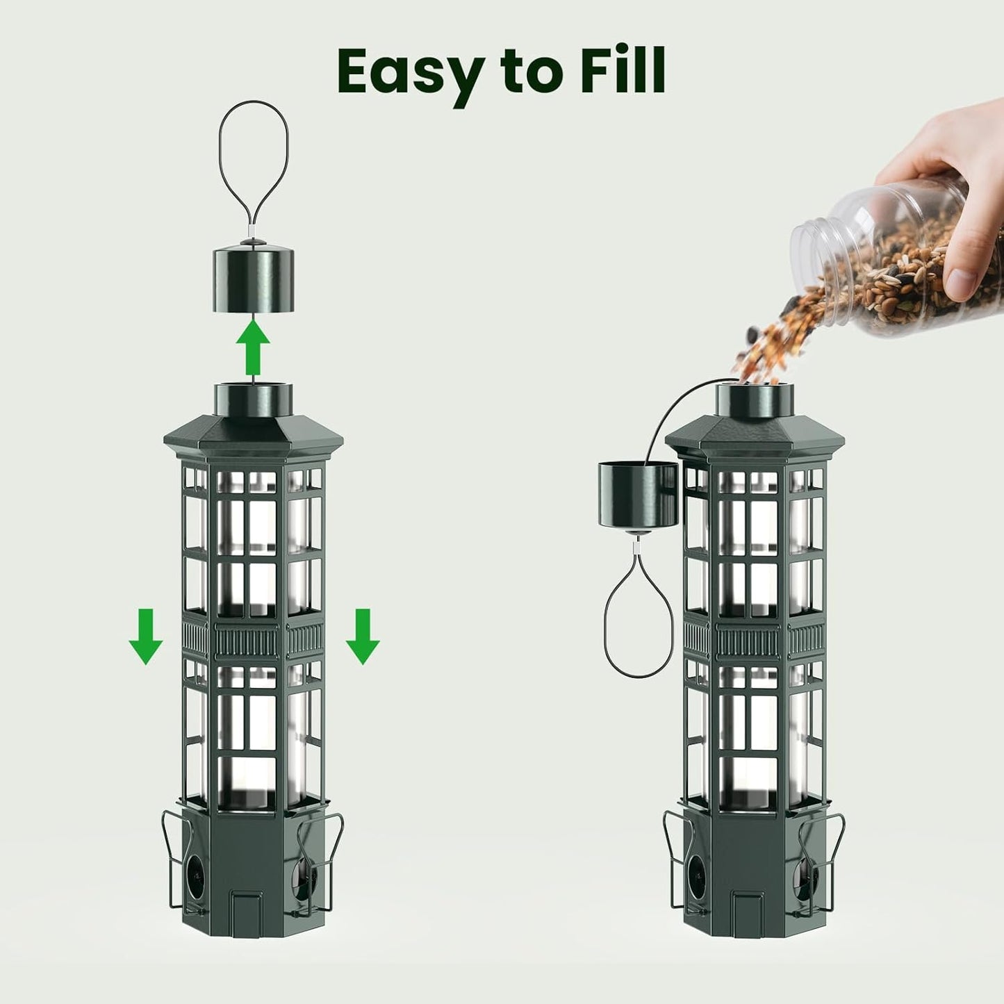 Squirrel Proof Bird Feeder for Outdoors, Gravity Spring Hanging Metal Bird Feeder, 3 Port, Chew-Proof & Weather Resistant, 3LB Large Capacity, Attract Wild Birds, Green