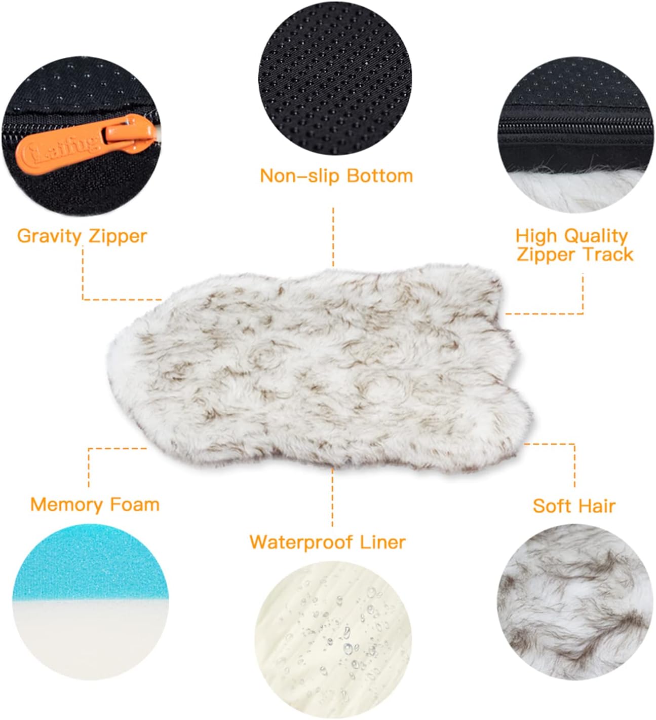 Laifug Luxury Faux Fur Dog Bed - 5-inch Thick Grade Ultra Soft Memory Foam with Removable Faux Fur Cover, Waterproof Liner (Gray-Brown, White)