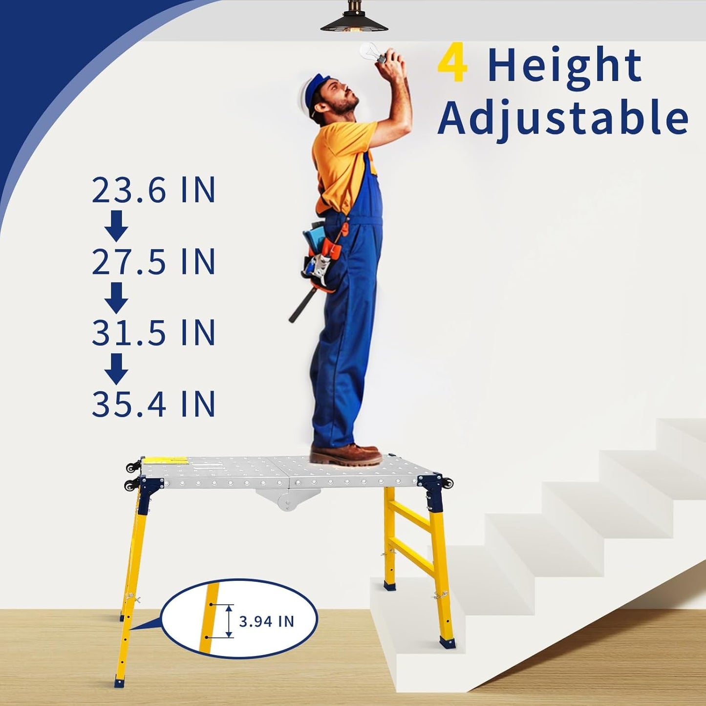 VKE Galvanized Steel Large Work Platform Support 1000 lbs 47"x14", Height 23 to 35 inches Adjustable Folding Portable Platform, Corrosion Resistance Platform Ladders with Rollers Easy to Move Store