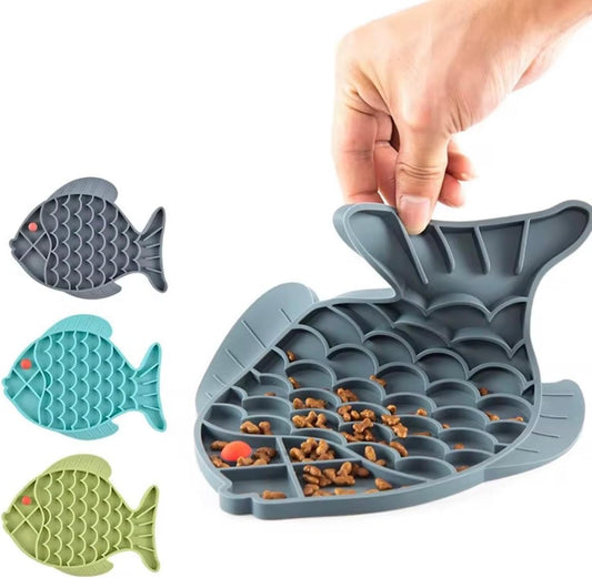Trendy Paws Slow Feed Training Bowl, Fish Shaped Silicone Pet Feeding Plate (Blue)