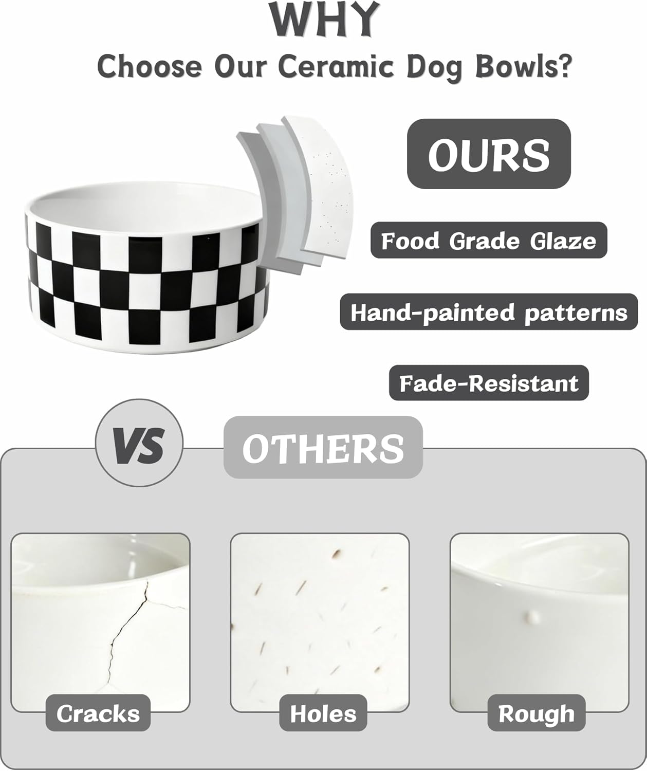 TRUVIC Ceramic Dog Bowl with Wood Stand, Black and White Checkered & Striped Dog Food and Water Bowl, 2 Cup/14 oz Elevated puppy food bowl for Medium Dogs, Dishwasher Safe, Modern Geometric, Checkered