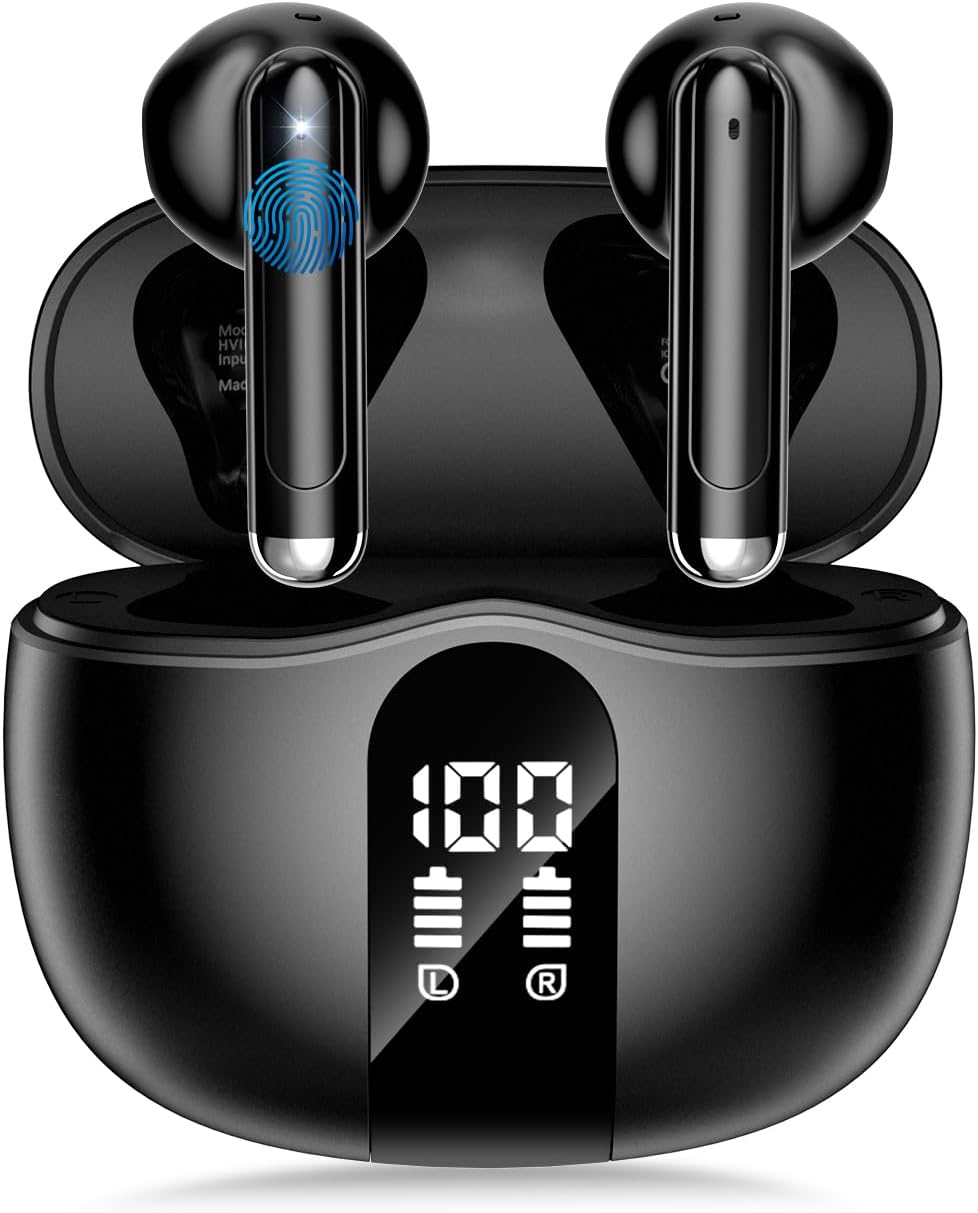 Wireless Earbuds, Bluetooth 5.4 Headphones HiFi Stereo, Ear Buds with 50H Playback, LED Display Wireless Earphones Clear Calls, IP7 Waterproof, Bluetooth Earbuds for Laptop/Phones/Sports, Black