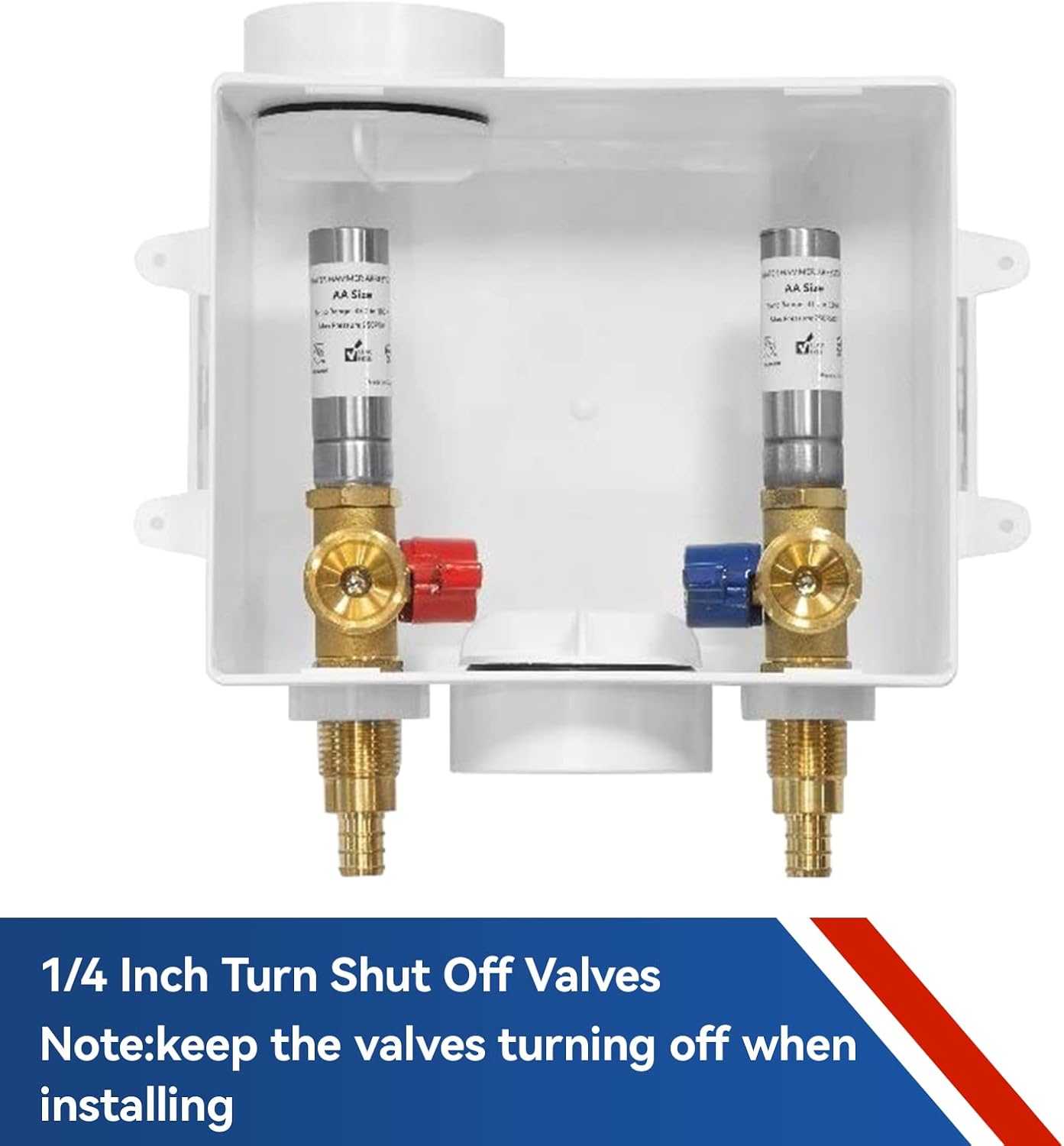 Washing Machine Outlet Box with Stainless Steel Water Hammer Arrestor,1/2 Inch PEX Inlet x 3/4 Inch MHT Outlet Connection Laundry Outlet Boxes,Washer Plumbing Box with Center Drain(WM007)