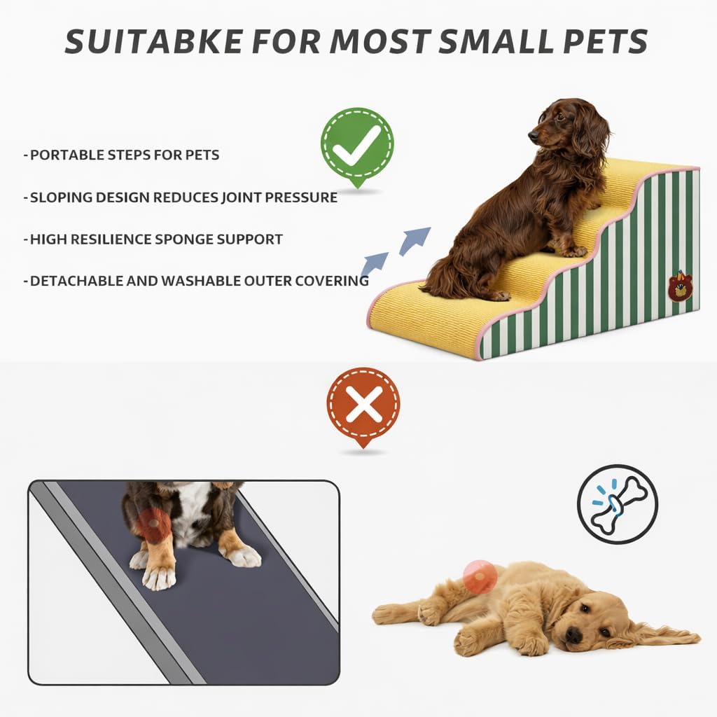 Dog Steps for Small Dogs, Dog Stairs for Bed, Curved Pet Stairs for Puppy and Cat, Doggie Ladder with Washable Cover, Pet Ramp for Sofa, Non-Slip Pet Stairs for Indoor Use(3 Step)